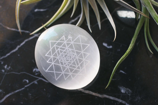 Etched Selenite Palmstone "Sri Yantra Thin" CLEARANCE 2ND QUALITY OR DAMAGE - FINAL SALE - Fractalista Designs
