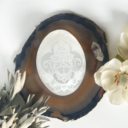 Etched Selenite Palmstone "Hamsa Mandala" - Fractalista Designs