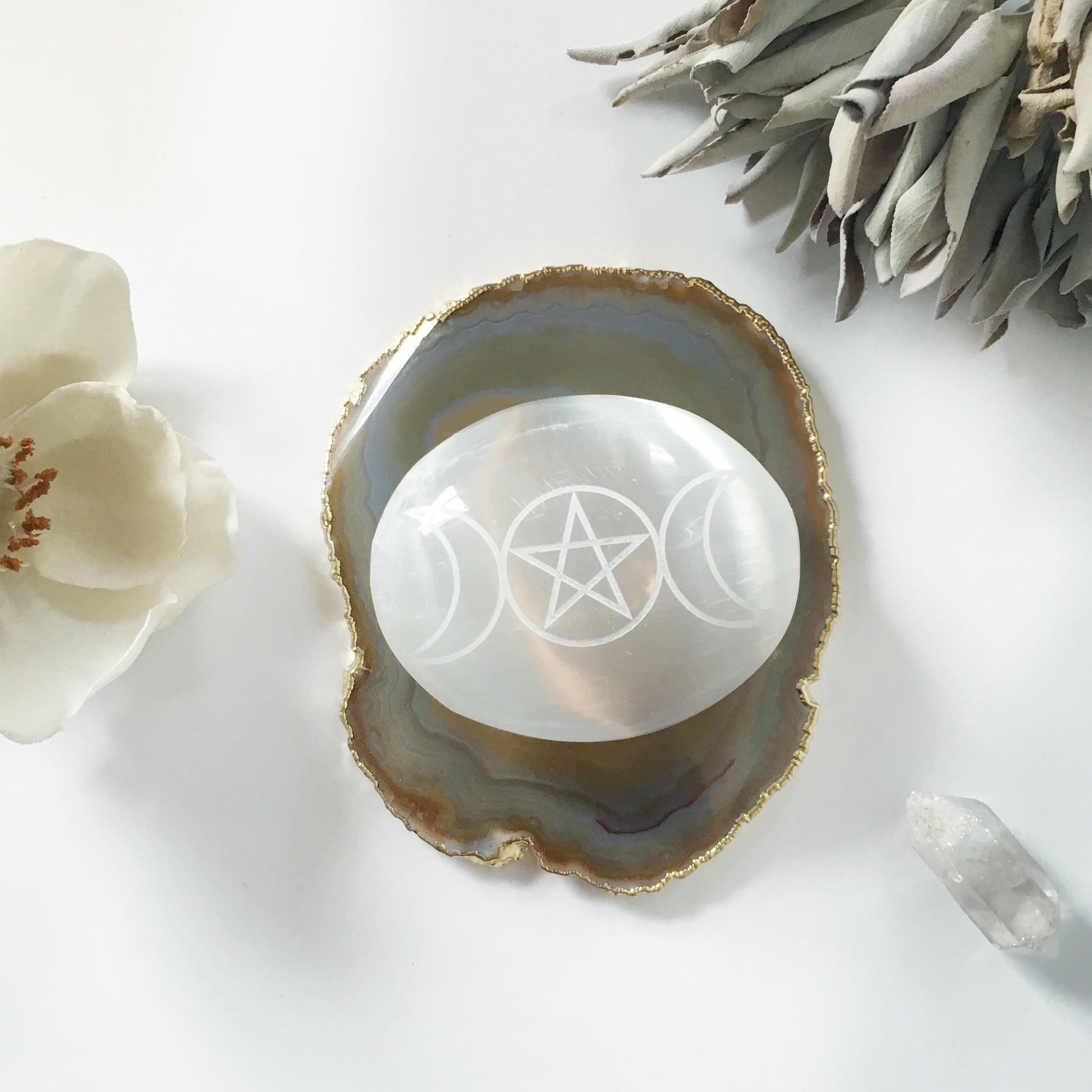 Etched Selenite Palmstone "Triple Goddess Moon Pentagram" - Fractalista Designs