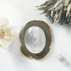 Etched Selenite Palmstone "Ancient Goddess" *CLEARANCE*  2ND QUALITY OR DAMAGED - FINAL SALE