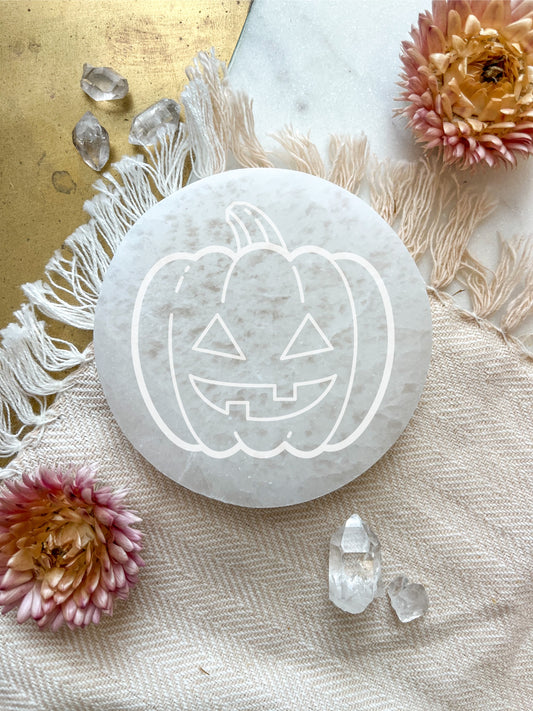 "Jack o Lantern" Pumpkin Selenite Cleansing Disc, Charging Plate and Crystal Grid - Fractalista Designs