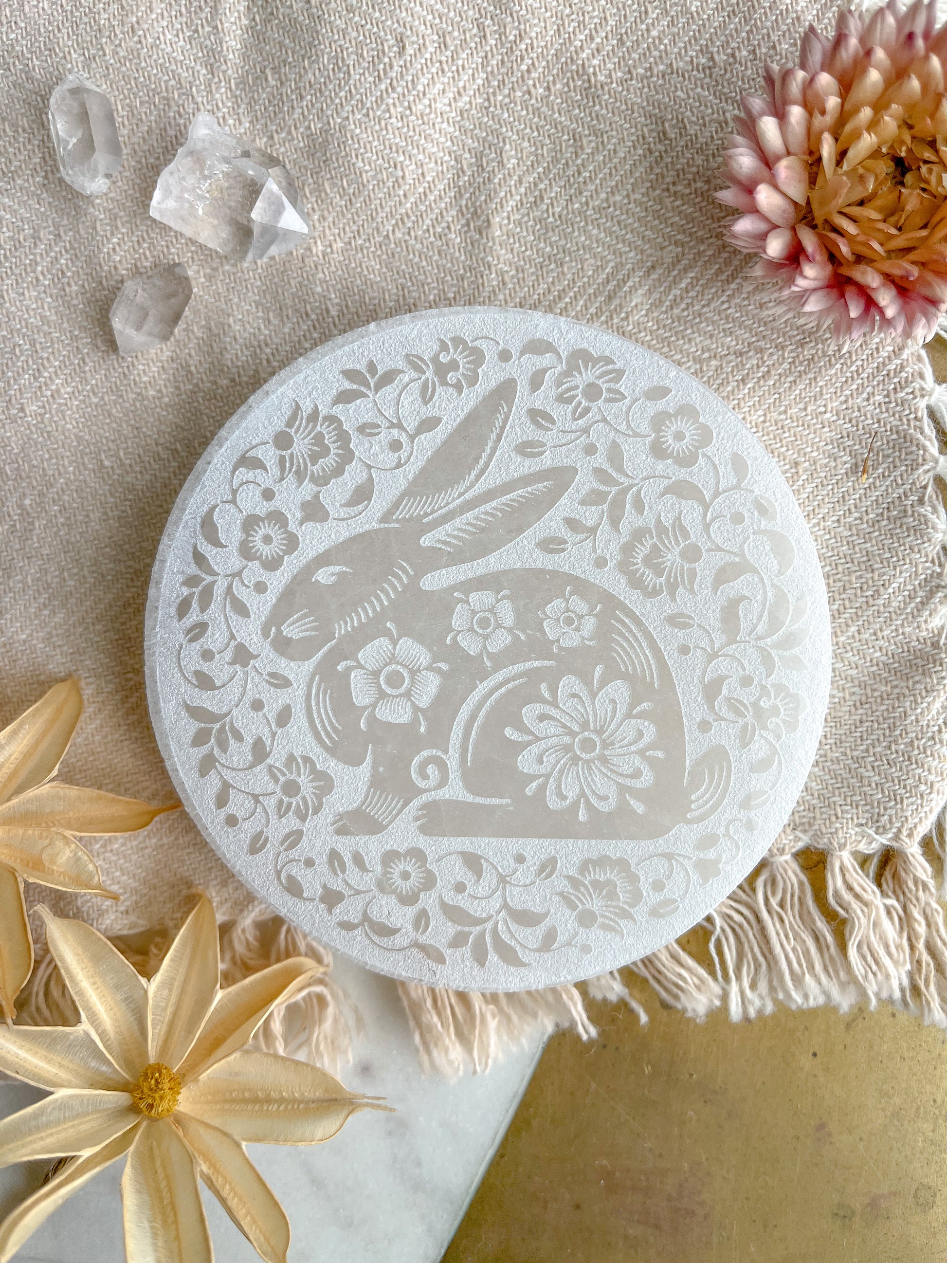 "White Rabbit" Easter Spring White Selenite Crystal Charging Plate Home Decor Gift - Fractalista Designs