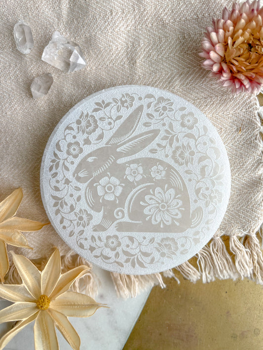 "White Rabbit" Easter Spring White Selenite Crystal Charging Plate Home Decor Gift - Fractalista Designs