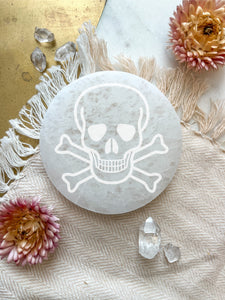 "Pirate" Skull Selenite Cleansing Disc, Charging Plate and Crystal Grid