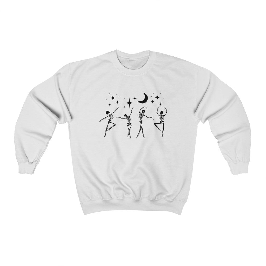 Skeletons Dancing under Crescent Moon and Stars Halloween Crewneck Sweatshirt, oversized Halloween sweatshirt, spooky season sweatshirt