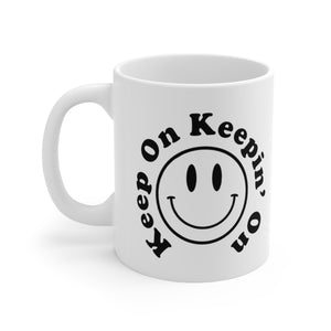 Keep On Keepin' On Retro Classic Smiley Face Mug - Positive Quotes Coffee Mug, Retro Colorful Bubble Letters Tea Cup, Happy Quotes Coff