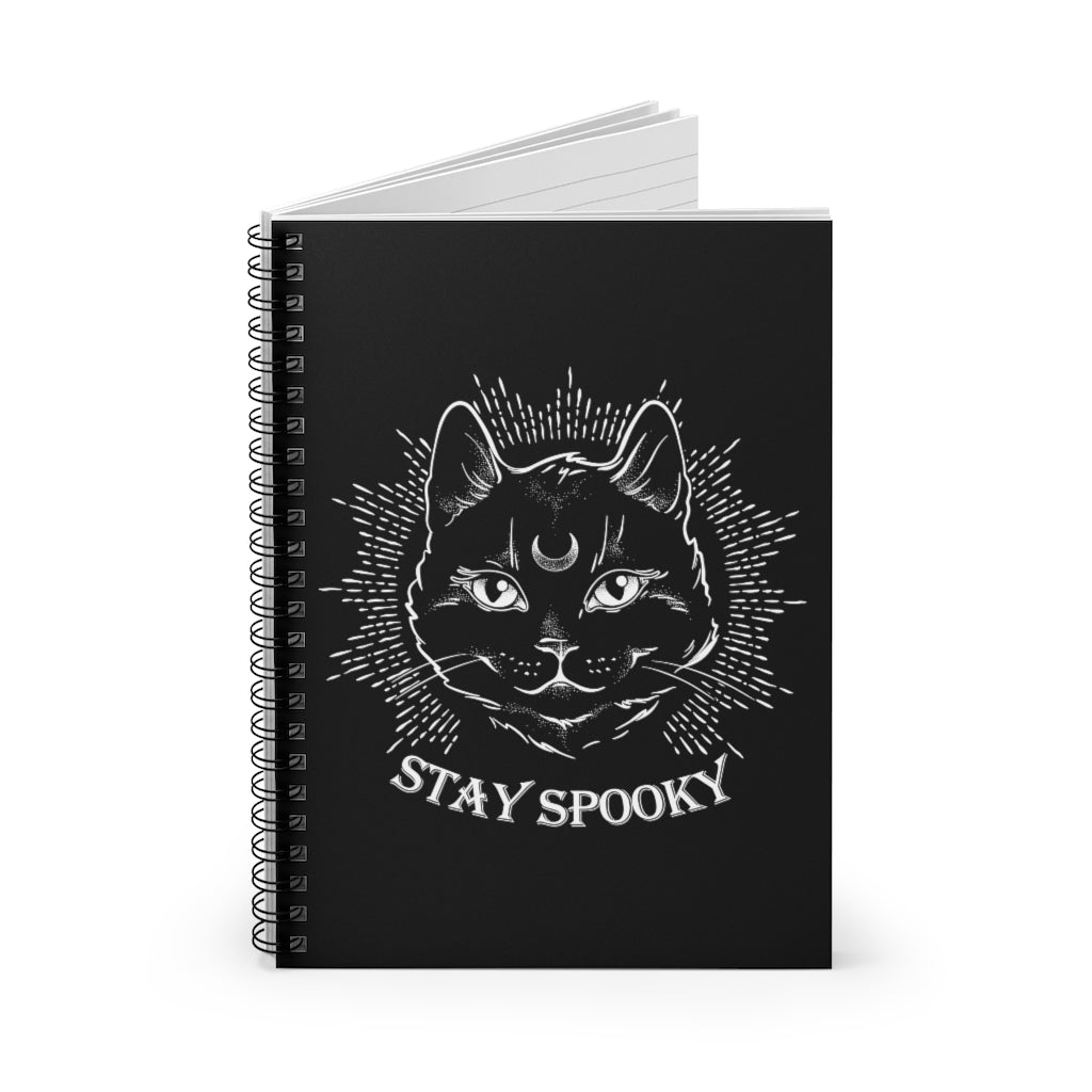 "Stay Spooky" Midnight Familiar Black Cat Spiral Notebook - Ruled Line - Fractalista Designs