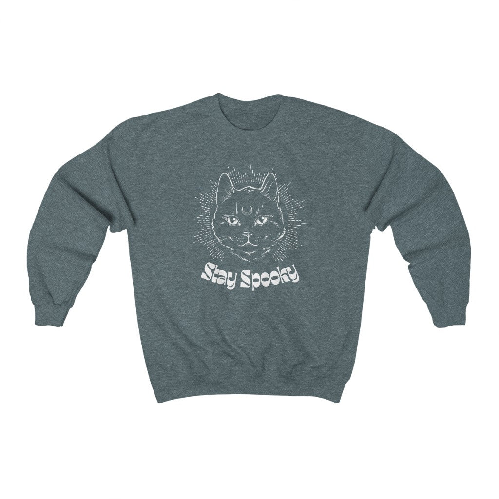 "Stay Spooky" Black Cat Halloween Crewneck Sweatshirt - Fractalista Designs