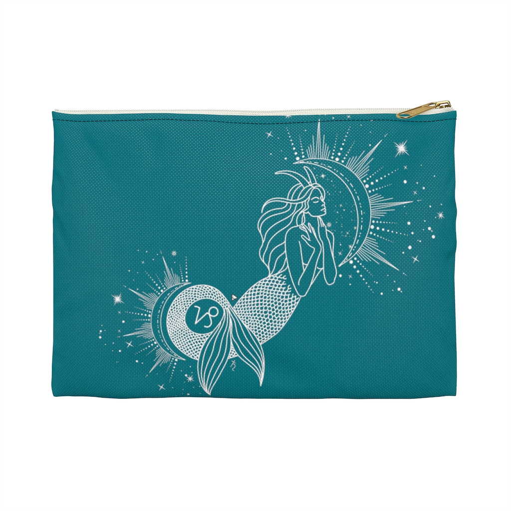 Capricorn "Ambition" Mermaid Goddess Sea Goat Teal Accessory Pouch - Fractalista Designs