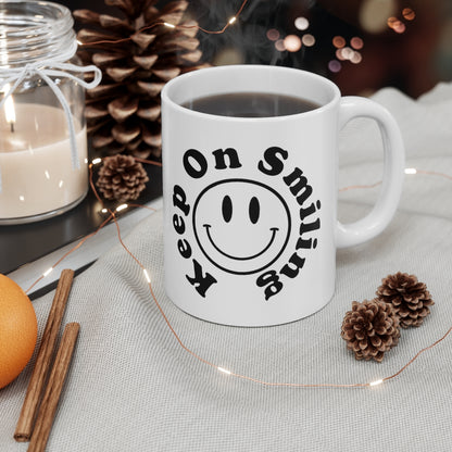 Positive Sayings Mug- Keep on Smiling Mug - Funny Quotes Coffee Mug, Retro Smiley Face Tea Mug, Vintage happy Face, Gift for Coffee Lover,