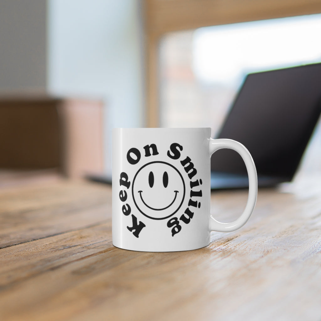 Positive Sayings Mug- Keep on Smiling Mug - Funny Quotes Coffee Mug, Retro Smiley Face Tea Mug, Vintage happy Face, Gift for Coffee Lover,