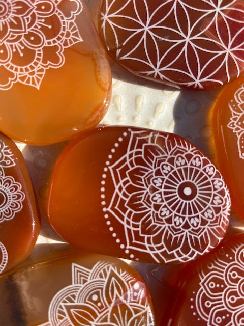 Carnelian Agate Pocket Stone Etched with Flower of Life or Various Mandalas - Fractalista Designs