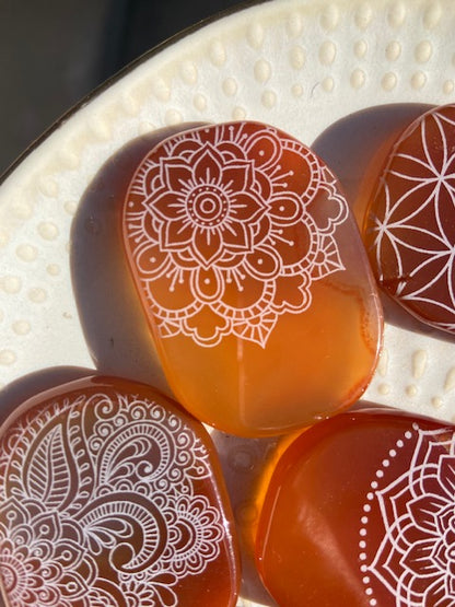 Carnelian Agate Pocket Stone Etched with Flower of Life or Various Mandalas - Fractalista Designs