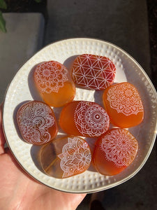 Carnelian Agate Pocket Stone Etched with Flower of Life or Various Mandalas
