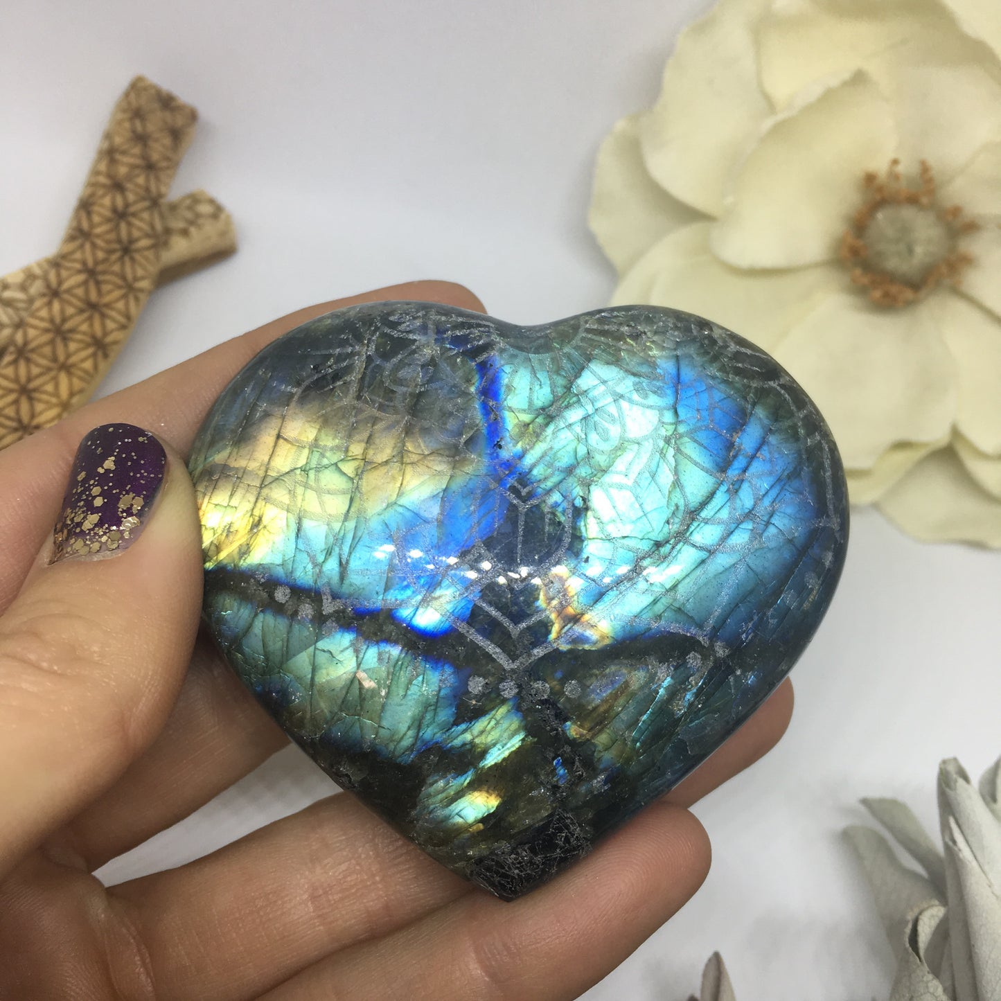 Flashy Blue and Gold Labradorite Heart Etched with Radiate Bliss Mandala 3 - Fractalista Designs