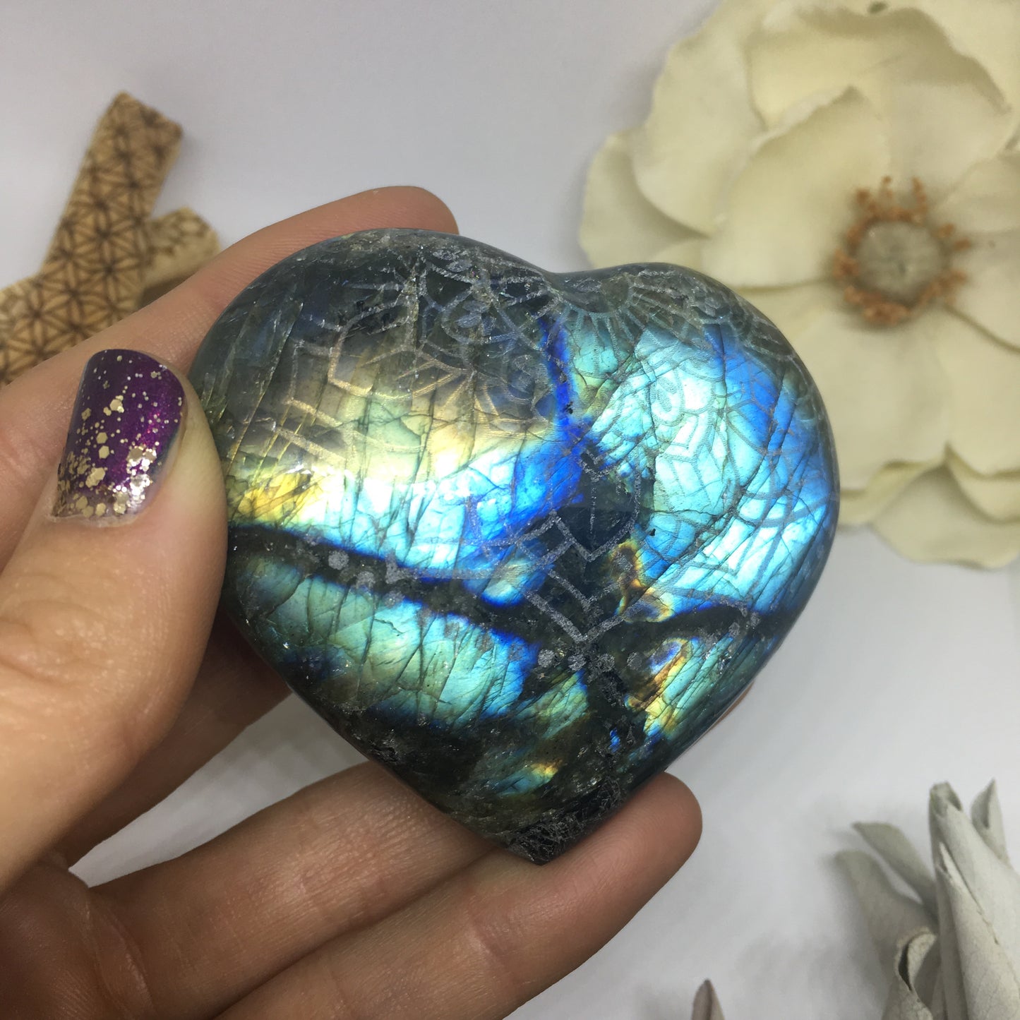 Flashy Blue and Gold Labradorite Heart Etched with Radiate Bliss Mandala 3 - Fractalista Designs