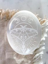 "Mystic Luna Moth" Etched Selenite Palmstone *CLEARANCE or 2ND QUALITY* - FINAL SALE