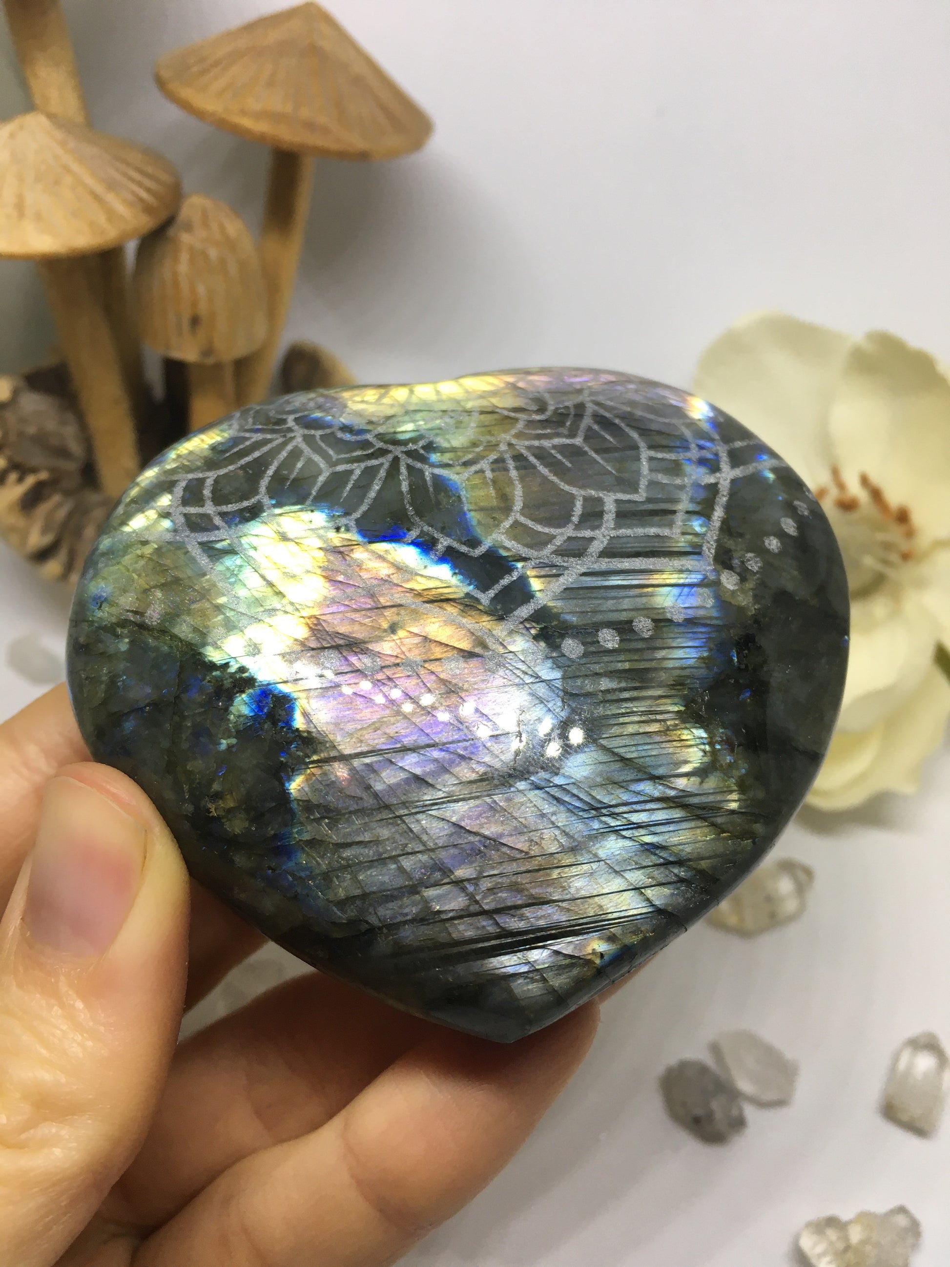 #134 Rainbow and Purple Flash Labradorite Heart Etched with Radiate Bliss Mandala - Fractalista Designs