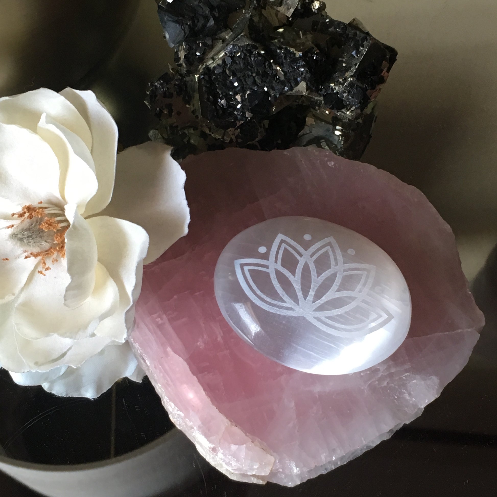 Etched Selenite Meditation Palm stone "Lotus Bloom" - Fractalista Designs