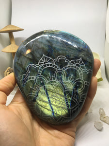 #132 Magnificent Deep  Rainbow Electric Blue Gold and Purple Extra Large Labradorite Palmstone Etched with Flower Mandala