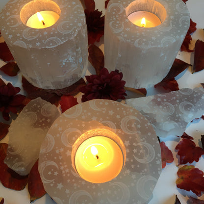 “Celestial Bodies” Round Selenite Candle Holder