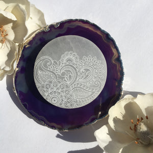“Henna Prayer” Selenite Charging Disc, cleansing plate, crystal grid