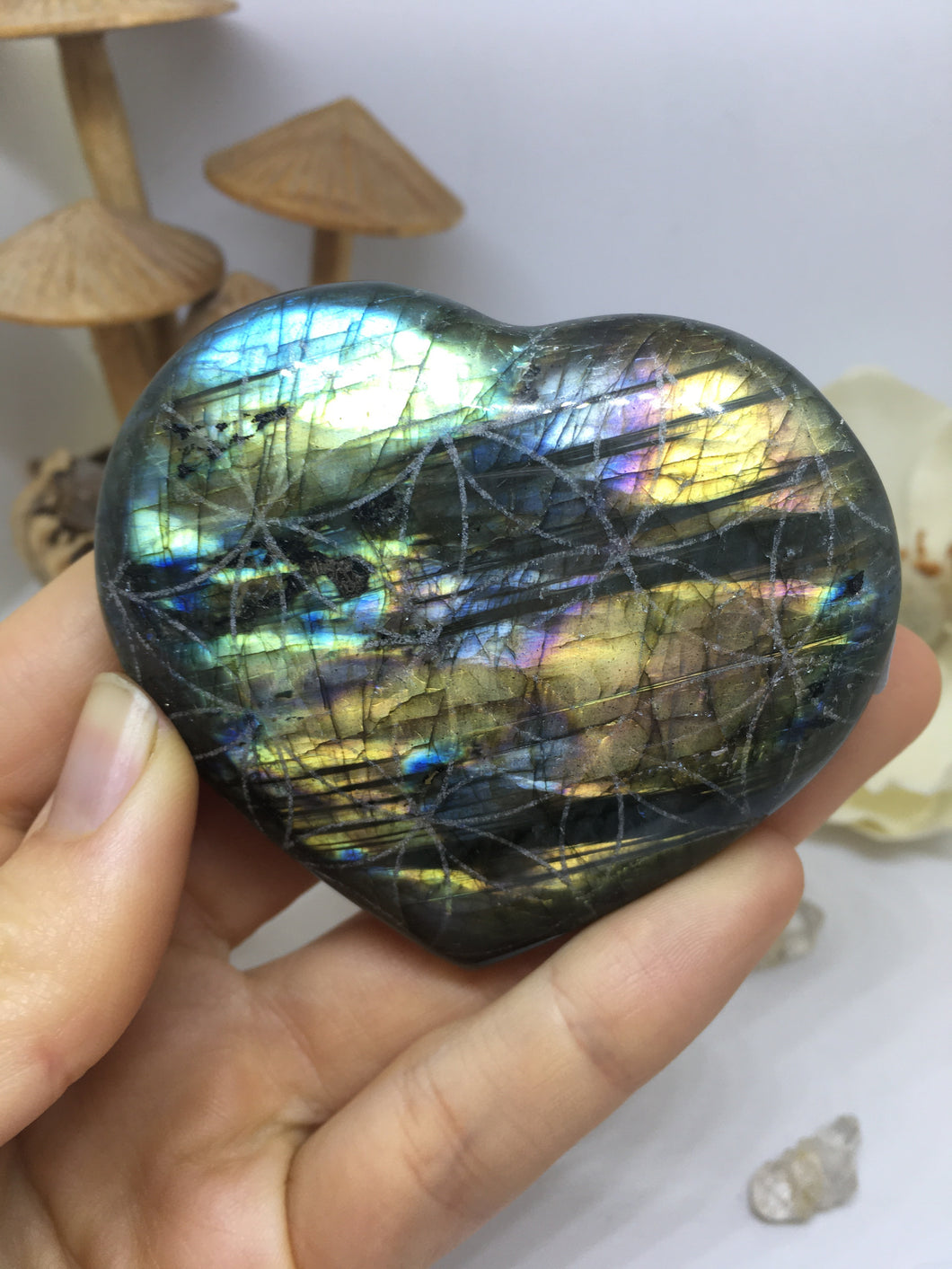 #22 Streaky Rainbow and Purple Flash Labradorite Heart Etched with Flower of Life