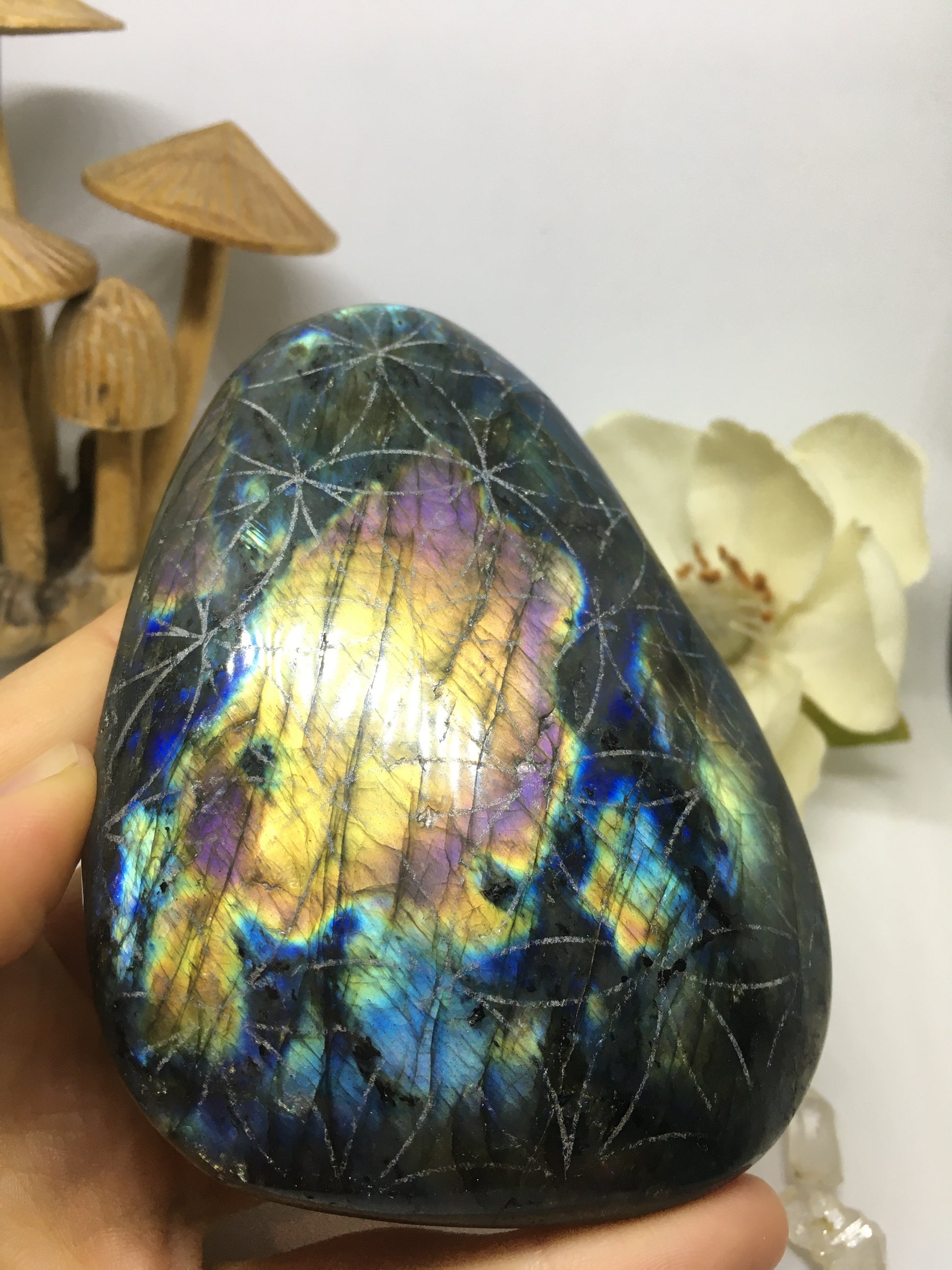 #131 Deep Rainbow Electric Blue Gold and Purple Extra Large Labradorite Palmstone Etched with Flower Of Life - Fractalista Designs
