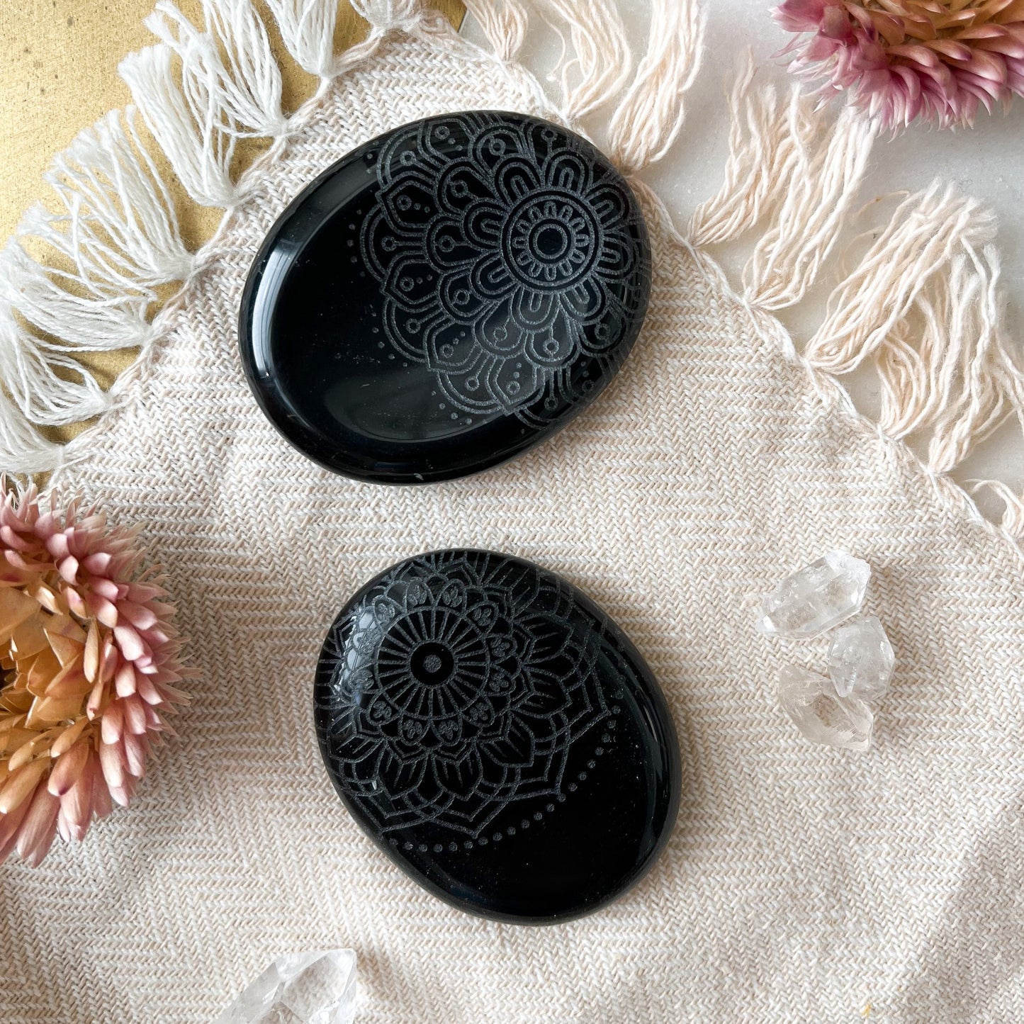Etched Obsidian Worry Stones - Various Mandalas - Fractalista Designs