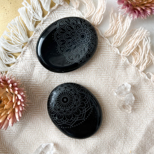 Etched Obsidian Worry Stones - Various Mandalas - Fractalista Designs