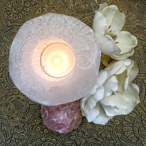 “Henna Prayer” Round White Selenite Candle Holder