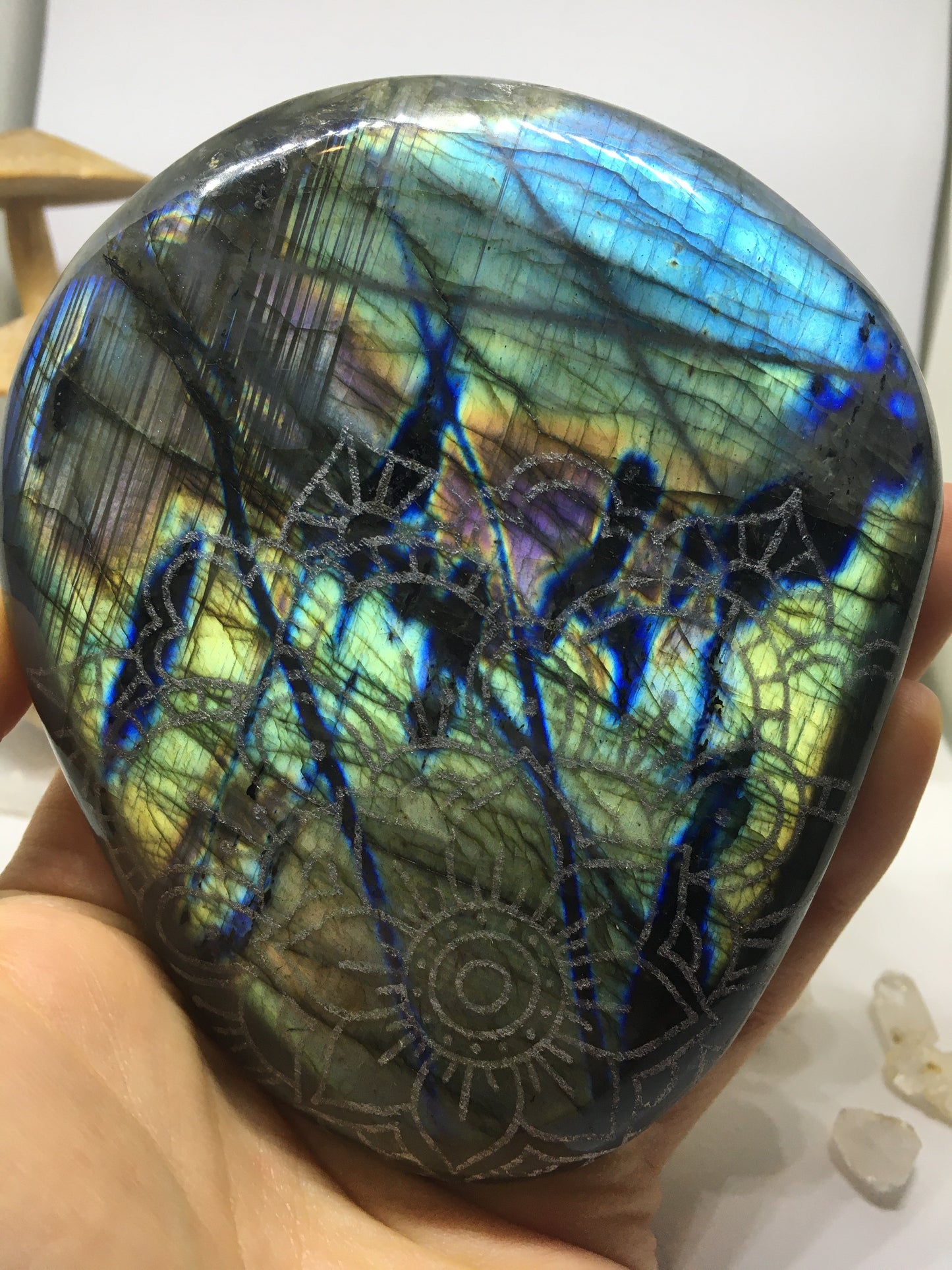 #132 Magnificent Deep Rainbow Electric Blue Gold and Purple Extra Large Labradorite Palmstone Etched with Flower Mandala - Fractalista Designs