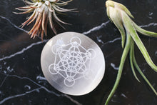 Etched Selenite Palm Stone "Metatron's Cube" *CLEARANCE*  2ND QUALITY OR DAMAGED - FINAL SALE