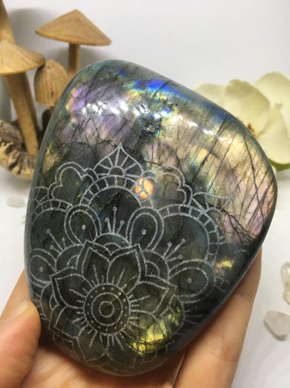 #129 Luxurious Gold and Purple Extra Large Labradorite Palmstone Etched with Flower Mandala - Fractalista Designs