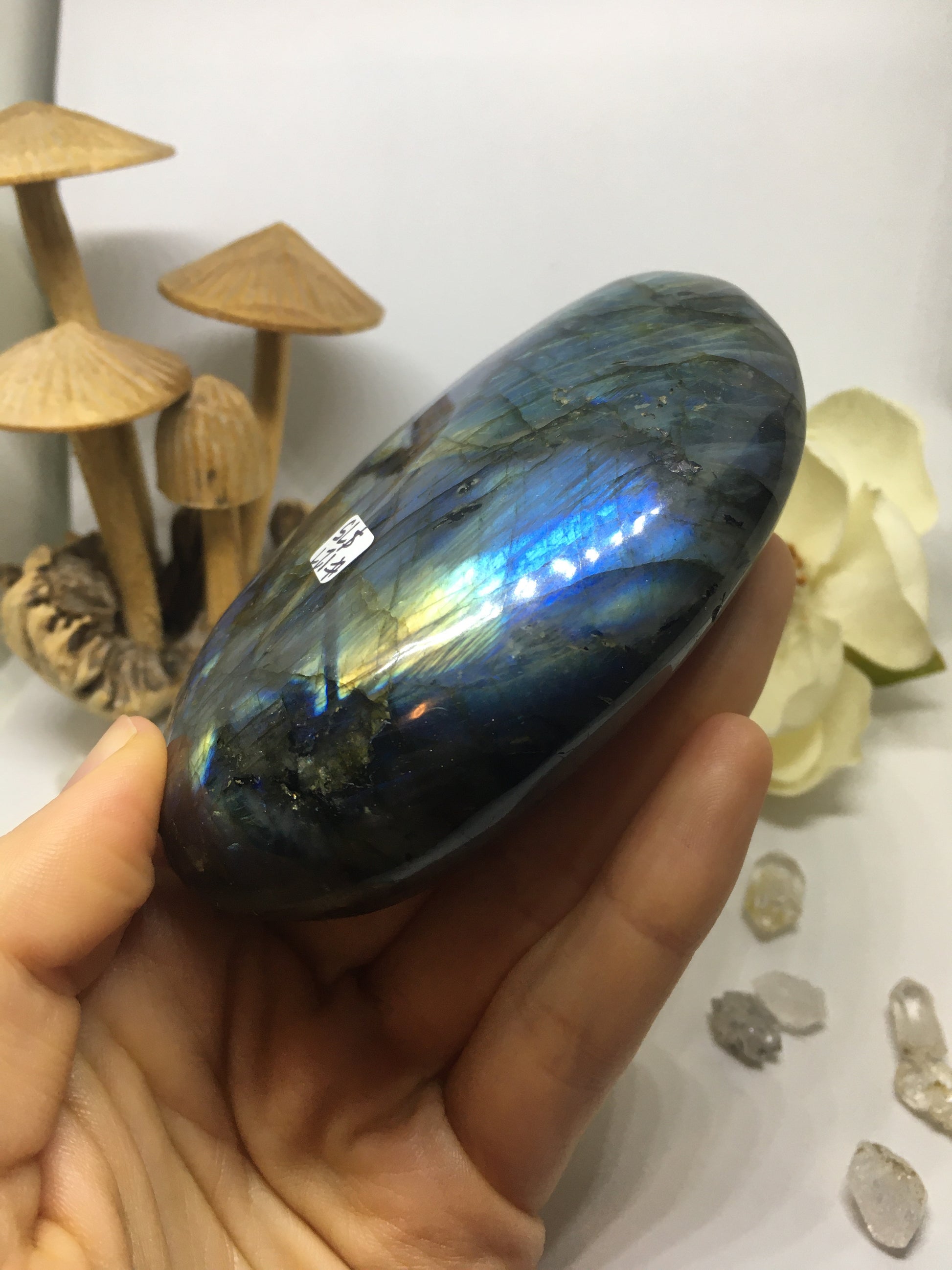 #127 Stunning Extra Flashy Electric Blue and Green Extra Large Labradorite Palmstone Etched with Radiate Bliss Mandala - Fractalista Designs
