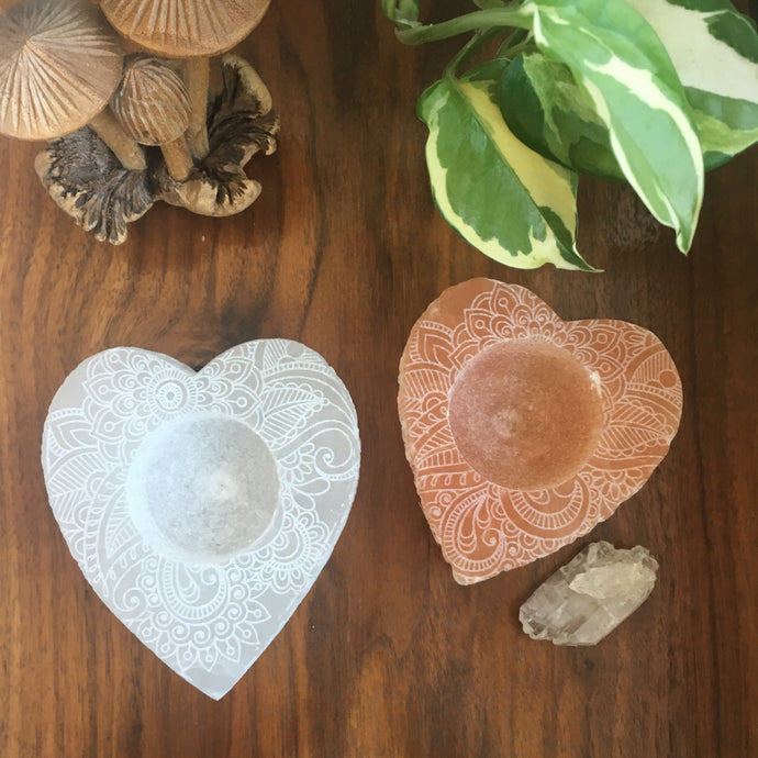 White and Peach Selenite Heart Candle Holder Etched with Henna Prayer