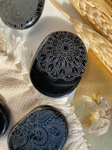Obsidian Pocket Stone Etched with Flower of Life or Various Mandalas