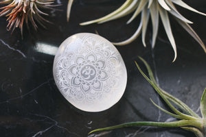Etched Selenite Meditation Palm stone "OM Mandala" *CLEARANCE*  2ND QUALITY OR DAMAGED - FINAL SALE