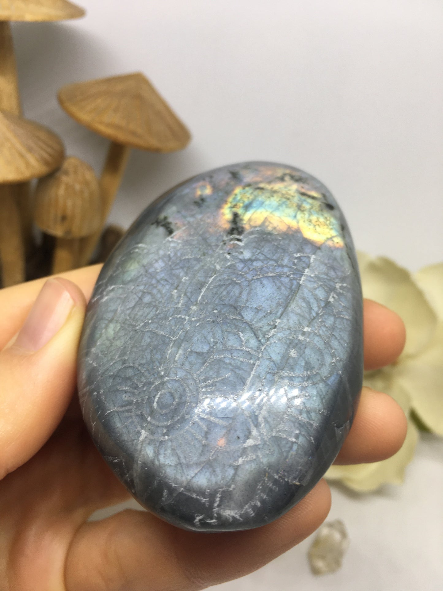 #108 Periwinkle Blue and Purple Labradorite Palmstone Etched with Flower Mandala - Fractalista Designs