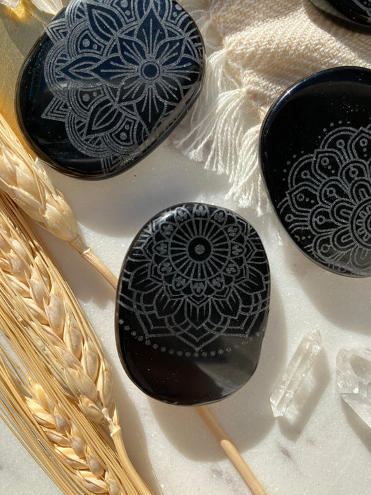 Obsidian Pocket Stone Etched with Flower of Life or Various Mandalas