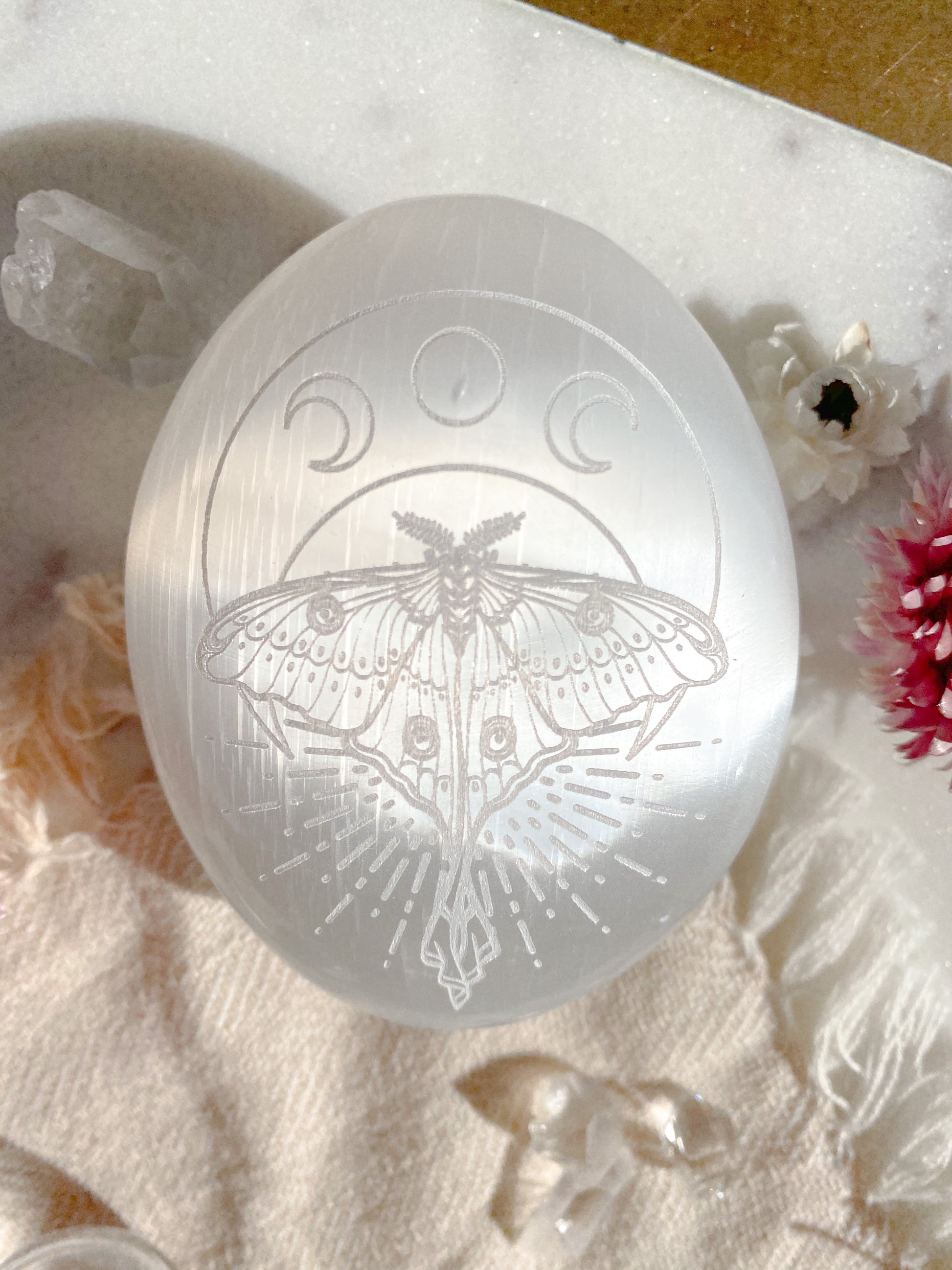 "Mystic Luna Moth" Etched Selenite Palmstone *CLEARANCE or 2ND QUALITY* - FINAL SALE - Fractalista Designs
