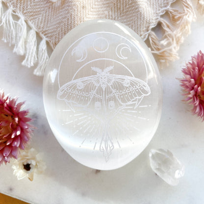 Etched Selenite Palmstone "Mystic Luna Moth" - Fractalista Designs