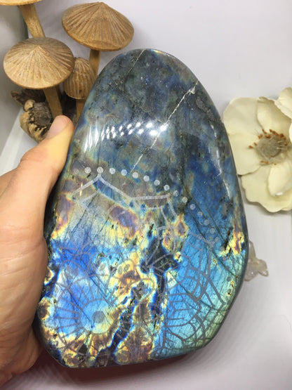 #140 Gorgeous Pink and Blue Extra Large Labradorite Standing Freeform Etched with Radiate Bliss Mandala - Fractalista Designs
