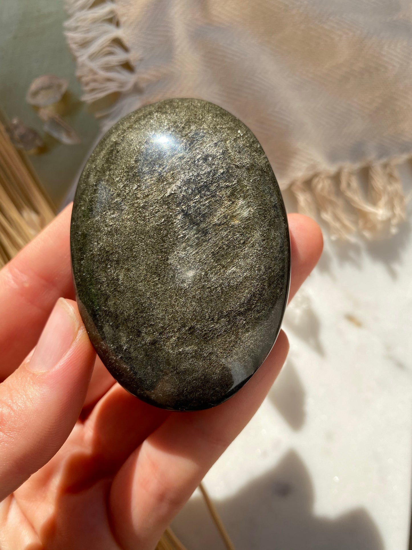 “Cobweb” Spider Web Mandala Gold Sheen Obsidian Pocket Stone with