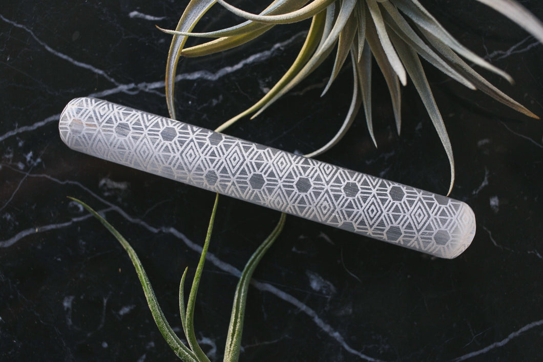 Random Designs - Etched Selenite Massage Wand Sacred Geometry  *CLEARANCE*  2ND QUALITY OR DAMAGED - FINAL SALE