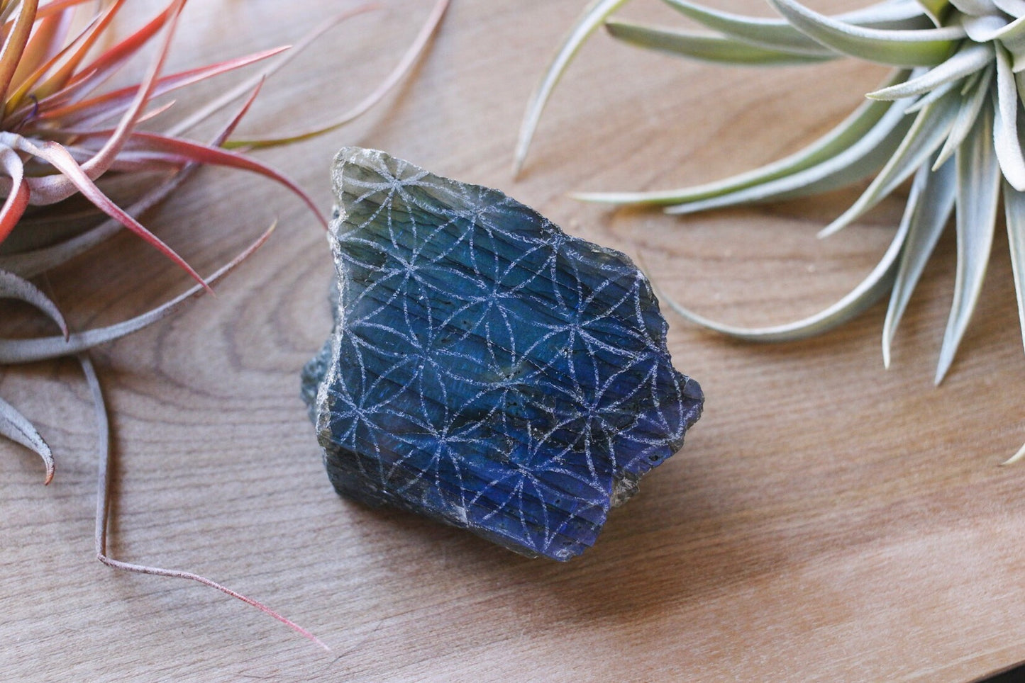 Labradorite Half Polished Slab Etched with Flower of Life