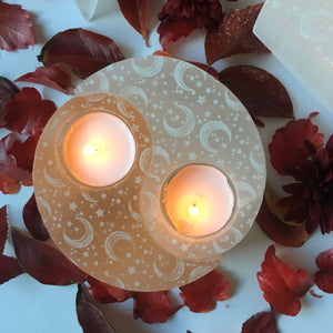 Large White and Peach Selenite Yin Yang Candle Holder engraved with “Celestial Bodies” moon and stars pattern