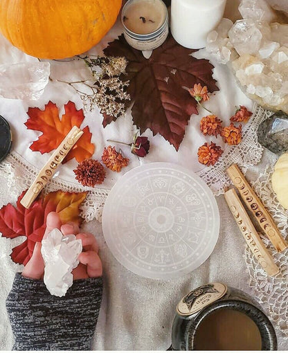 *CLEARANCE* 2ND QUALITY OR DAMAGED “Zodiac Wheel” Horoscope Selenite Cleansing Disc, Charging Plate and Crystal Grid - Fractalista Designs