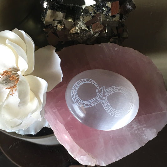 Etched Selenite Meditation Palm stone "Infinite Ouroboros" *CLEARANCE* 2ND QUALITY OR DAMAGED - FINAL SALE - Fractalista Designs