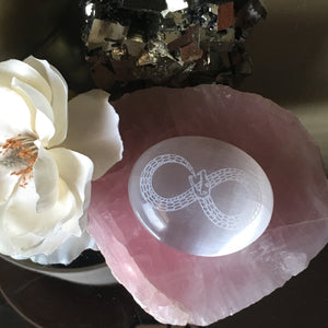 Etched Selenite Meditation Palm stone "Infinite Ouroboros"  *CLEARANCE*  2ND QUALITY OR DAMAGED - FINAL SALE
